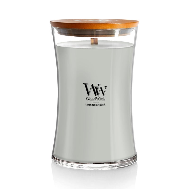 WoodWick Lavender  Cedar Scented Large Hourglass Candle Crackles as it burns Up to 180 hrs burn time Perfect for gifting 21oz