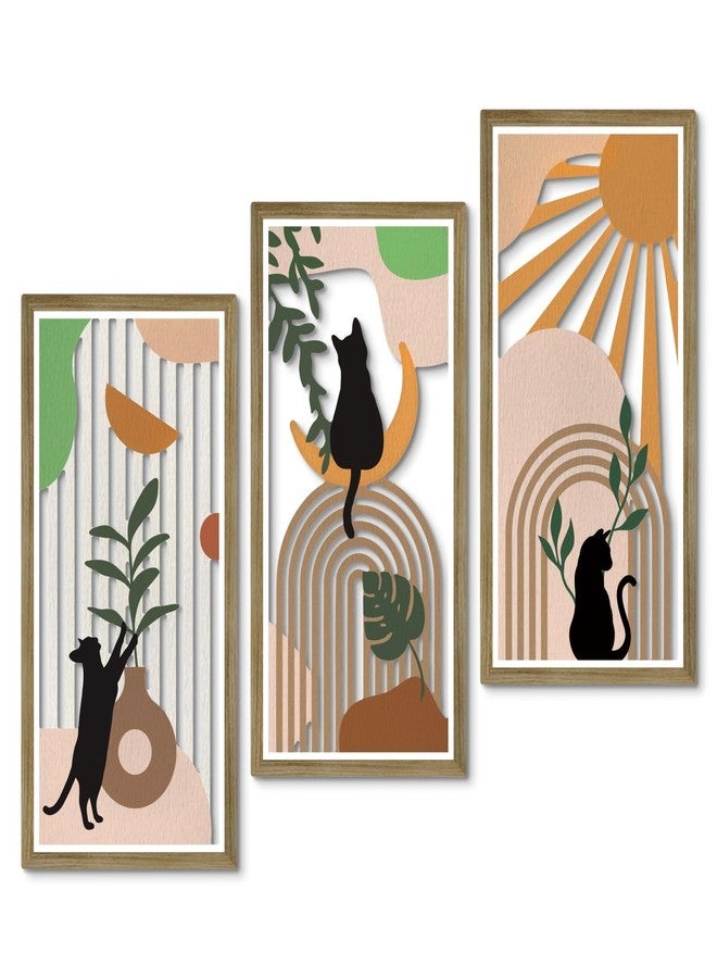 Putuo Decor مجموعة ديكور بوتو بوهيمية من 3 لوحات جدارية للقطط، ألواح MDF مجردة مقطوعة بنقوش ظلية للقطط، وقوس قزح، وأشكال نباتية، ديكور منزلي عصري لغرفة النوم وغرفة المعيشة والمكتب - Image 1