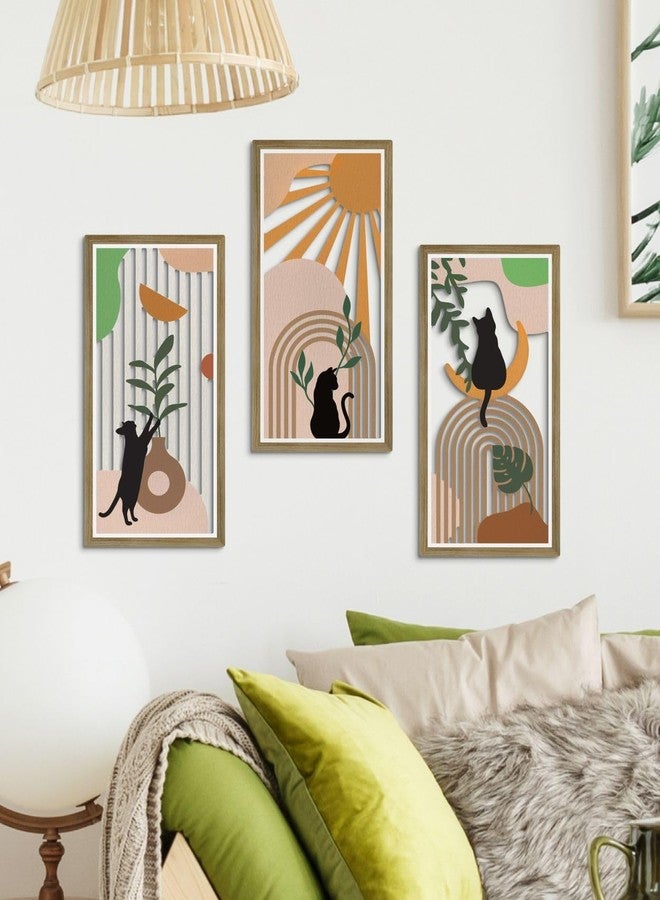 Putuo Decor مجموعة ديكور بوتو بوهيمية من 3 لوحات جدارية للقطط، ألواح MDF مجردة مقطوعة بنقوش ظلية للقطط، وقوس قزح، وأشكال نباتية، ديكور منزلي عصري لغرفة النوم وغرفة المعيشة والمكتب - Image 5