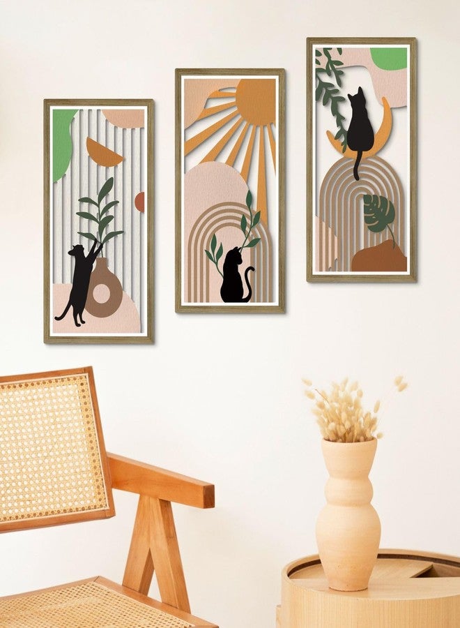 Putuo Decor مجموعة ديكور بوتو بوهيمية من 3 لوحات جدارية للقطط، ألواح MDF مجردة مقطوعة بنقوش ظلية للقطط، وقوس قزح، وأشكال نباتية، ديكور منزلي عصري لغرفة النوم وغرفة المعيشة والمكتب - Image 4