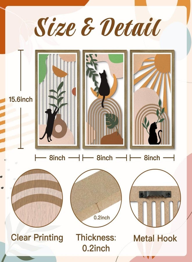 Putuo Decor مجموعة ديكور بوتو بوهيمية من 3 لوحات جدارية للقطط، ألواح MDF مجردة مقطوعة بنقوش ظلية للقطط، وقوس قزح، وأشكال نباتية، ديكور منزلي عصري لغرفة النوم وغرفة المعيشة والمكتب - Image 2