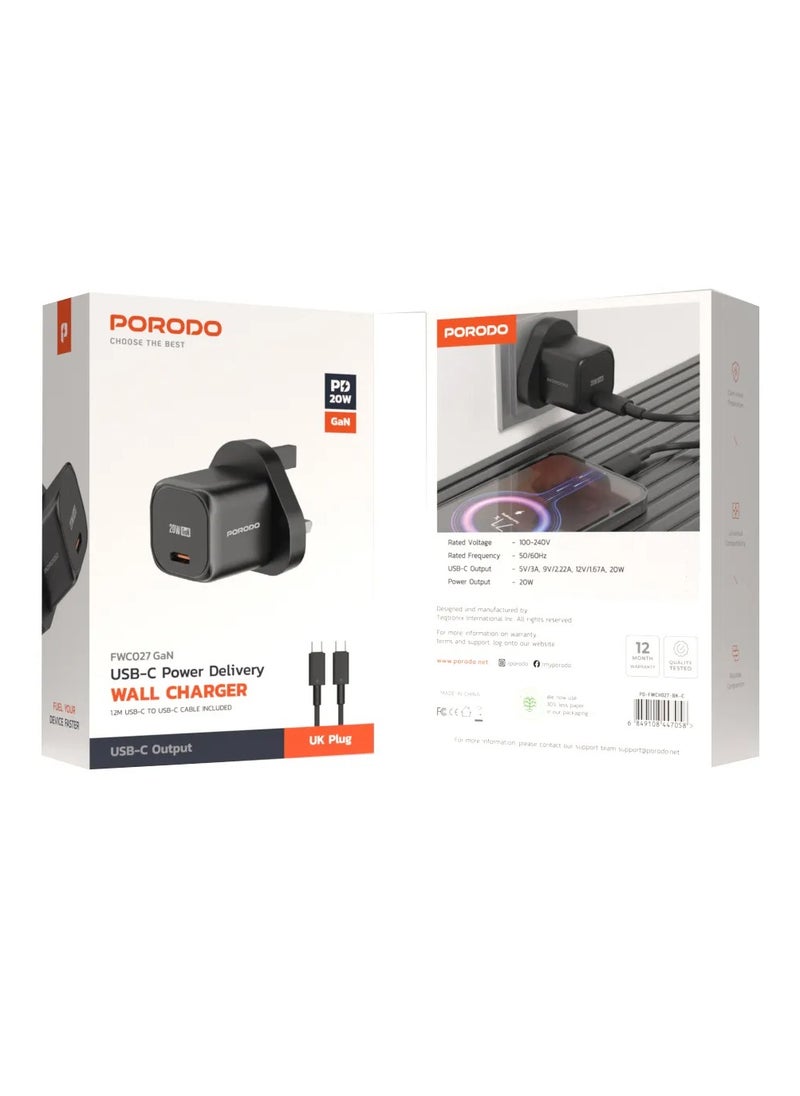 porodo - PD 20W UK Fast Wall Charger with USB-C to USB-C Cable / Power Output 20W/ Over-Heat Protection/ Universal Compatibility - Black - Image 1