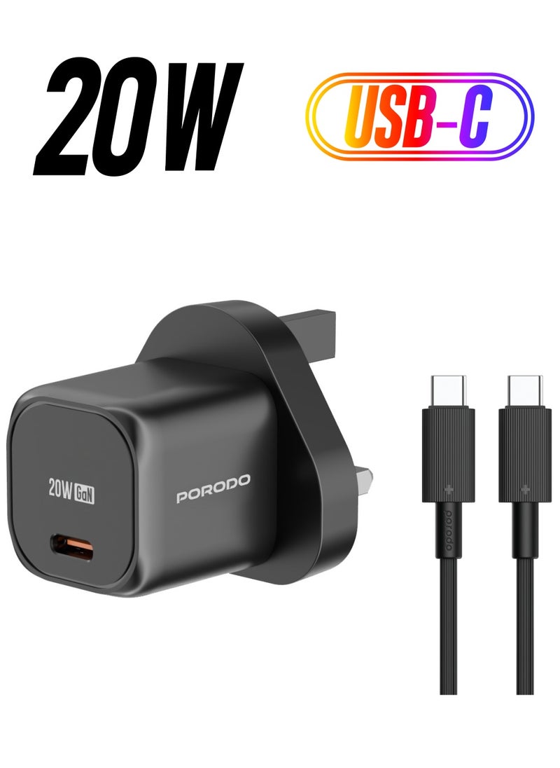 porodo - PD 20W UK Fast Wall Charger with USB-C to USB-C Cable / Power Output 20W/ Over-Heat Protection/ Universal Compatibility - Black - Image 1