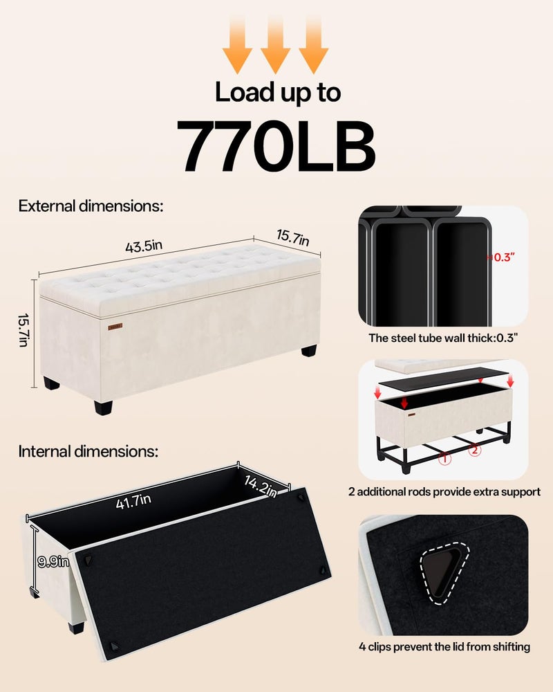 ABHENG Velvet Storage ottoman bench with legs,43.5â€W x 15.7â€D x 15.7â€H,metal frame end of bed bench hold up to 770 LB,Large Storage Chest hold up to 770 LB,White UASND623W - Image 2