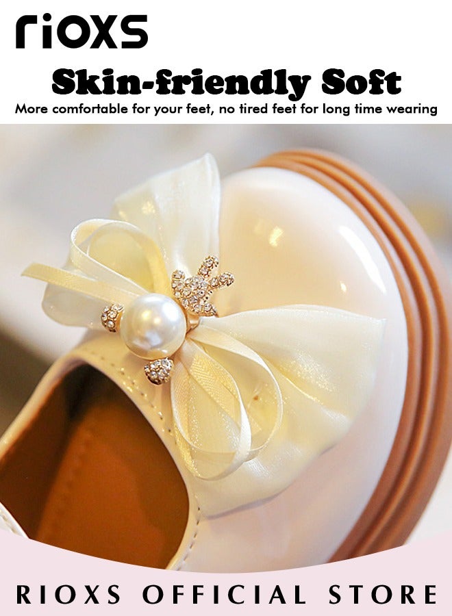 ريوكس أحذية ماري جين الخاصة بالفتيات، أحذية الأميرة الصغيرة للرقص، أحذية كلاسيكية مستديره القدم قوس مسطحة للفتيات، أحذية جلدية Patent، شقق الباليرينا للأطفال الصغار، أزهار أنيقة للفتيات أحذية الأميرة للزي المدرسي/زفاف/حفلة/ارتداء اليومية، أحذية بيج - Image 3