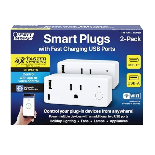Feit Electric Smart Plug, Works with Alexa and Google Home, No hub Required, 2.4 GHz Network Only, Remote Control from Anywhere 15 Amp, Indoor Outlet for Home Appliances (Smart Plug + USB Ports, 2) - Image 1
