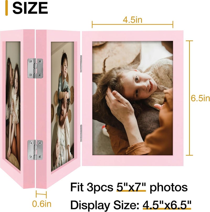 decorUhome Triple 5x7 Picture Frame Vertical, Engineered Wood Trifold Photo Frame with Plexiglass for Tabletop Display, 5x7, Pink - Image 4