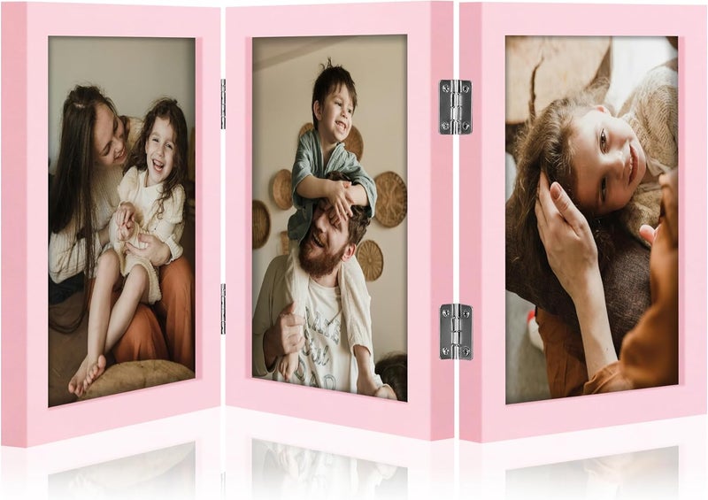 decorUhome Triple 5x7 Picture Frame Vertical, Engineered Wood Trifold Photo Frame with Plexiglass for Tabletop Display, 5x7, Pink - Image 1