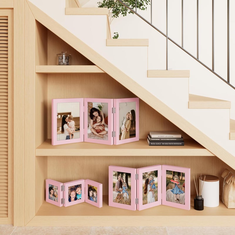 decorUhome Triple 5x7 Picture Frame Vertical, Engineered Wood Trifold Photo Frame with Plexiglass for Tabletop Display, 5x7, Pink - Image 5