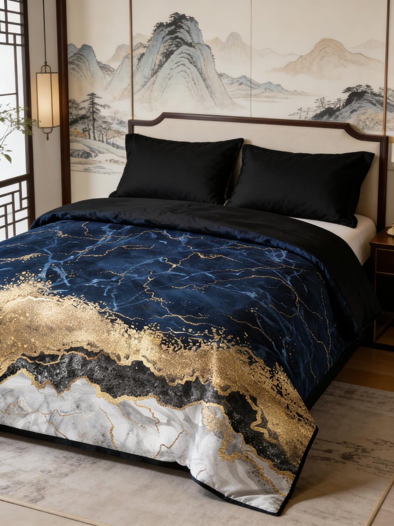 CCoutueChen Navy Blue Queen Size Comforter Set, Marble Bedding Set with Gold Metallic Texture, 3Pcs American Vintage Decor Lighweight Microfiber Comforter, 90"x90" - Image 4