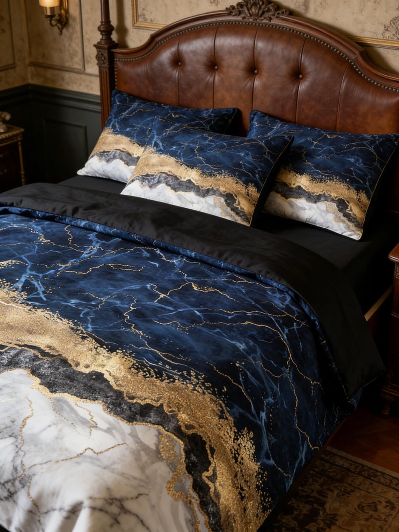 CCoutueChen Navy Blue Queen Size Comforter Set, Marble Bedding Set with Gold Metallic Texture, 3Pcs American Vintage Decor Lighweight Microfiber Comforter, 90"x90" - Image 2