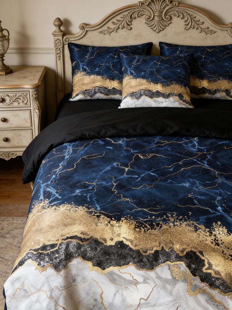 CCoutueChen Navy Blue Queen Size Comforter Set, Marble Bedding Set with Gold Metallic Texture, 3Pcs American Vintage Decor Lighweight Microfiber Comforter, 90"x90" - Image 1