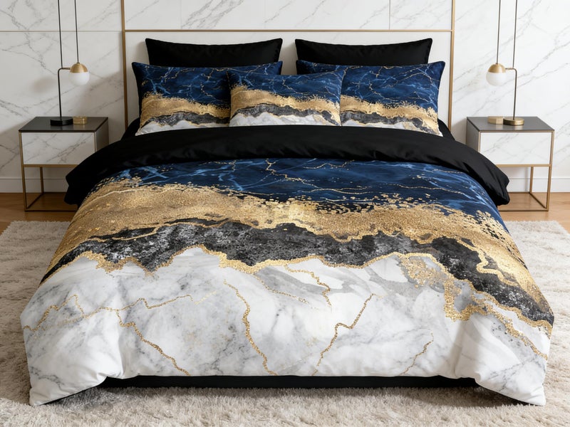 CCoutueChen Navy Blue Queen Size Comforter Set, Marble Bedding Set with Gold Metallic Texture, 3Pcs American Vintage Decor Lighweight Microfiber Comforter, 90"x90" - Image 5