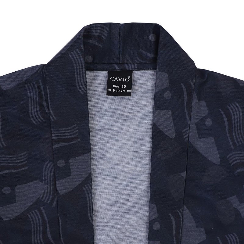CAVIO Boys Full Sleeves Printed Shawl Collar Shrug and T-Shirt - Navy - Image 3