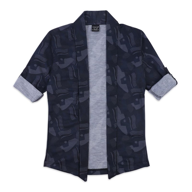 CAVIO Boys Full Sleeves Printed Shawl Collar Shrug and T-Shirt - Navy - Image 5