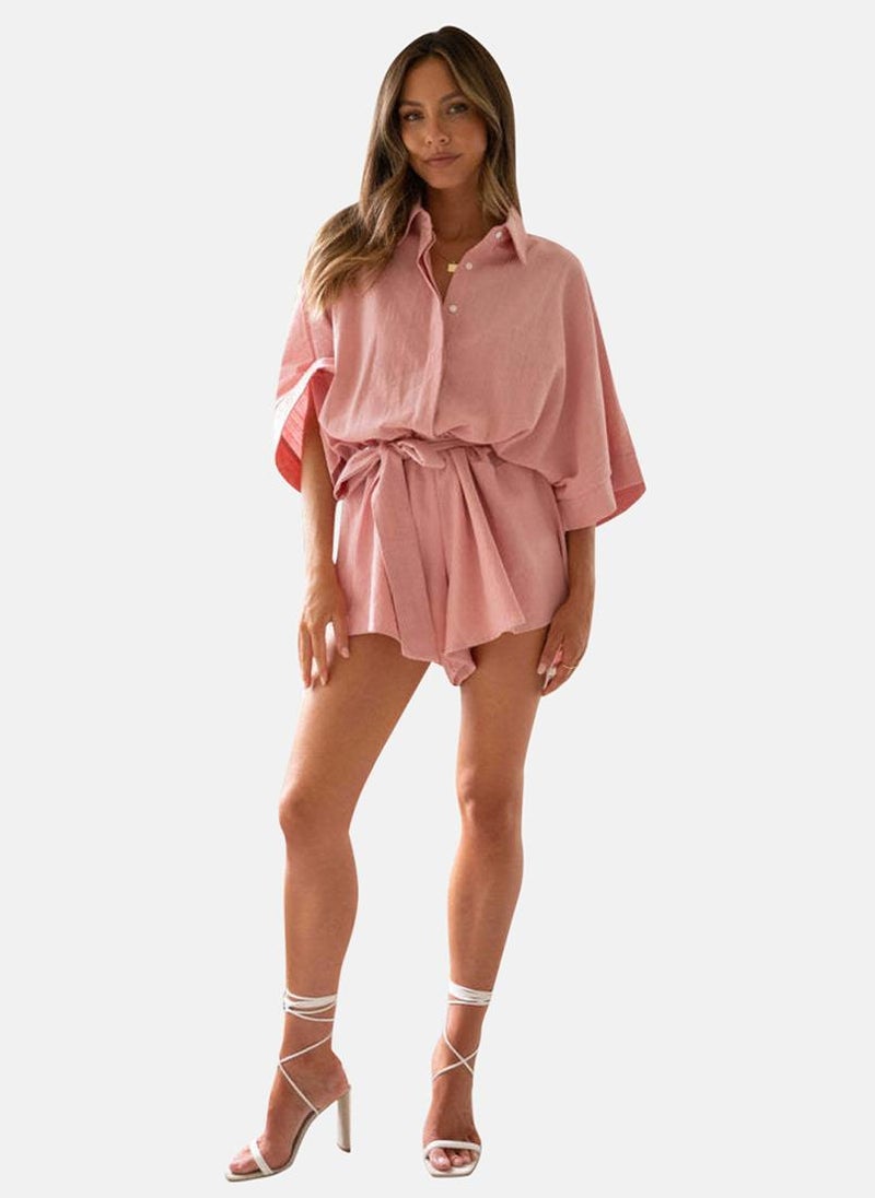 YUNIQEE Peach Shirt Collar Solid Cropped Jumpsuit - Image 1