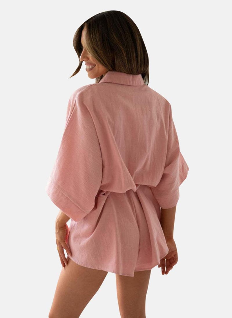 YUNIQEE Peach Shirt Collar Solid Cropped Jumpsuit - Image 4