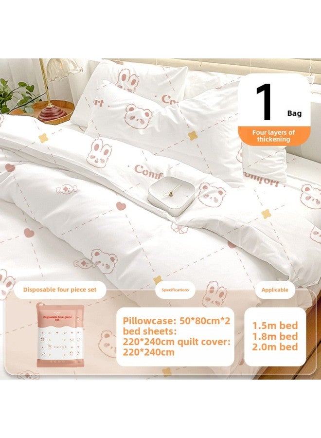 Disposable Four-piece Bed Sheet Travel Two-person Hotel Dirty-separated Three-piece Set Portable Quilt Cover Pillowcase Suit-Specifications:Grid Bear And Rabbit Four-piece Set [bed Sheets + Quilt Cover + 2 Pillowcases] - Image 1