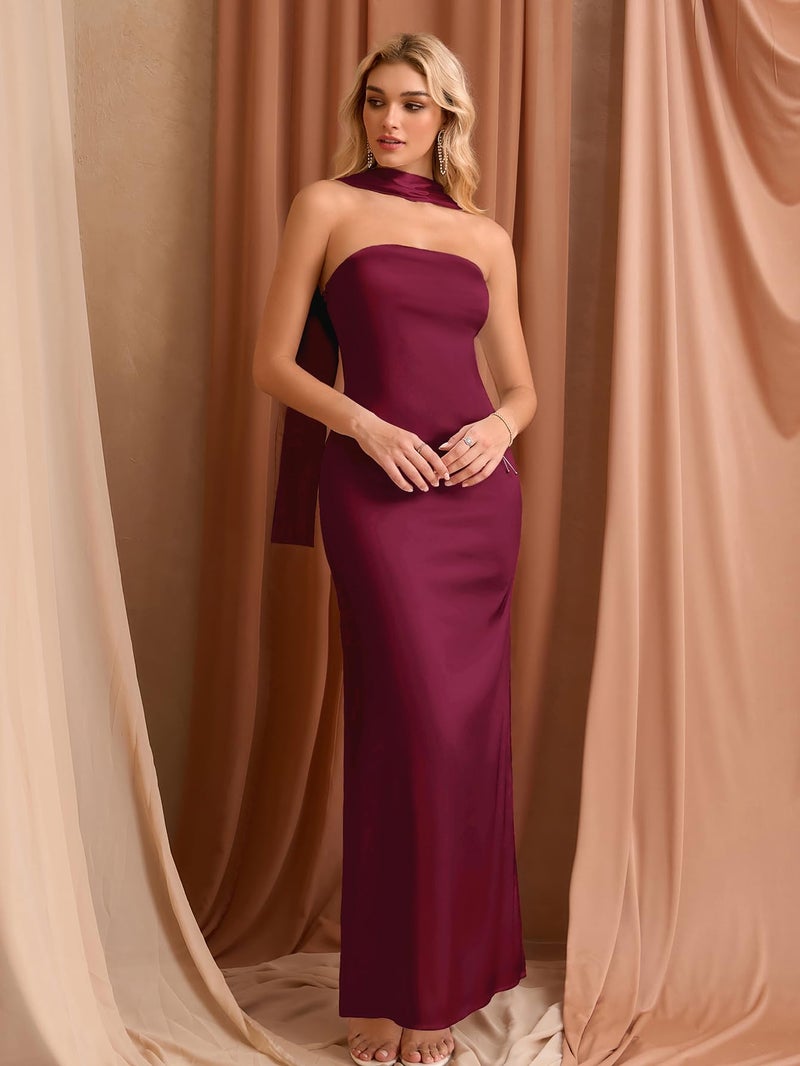 EYNMIN Women's Tube Maxi Dress with Scarf Satin Strapless Elegant Long Formal Wedding Guest Dresses Wine - Image 2