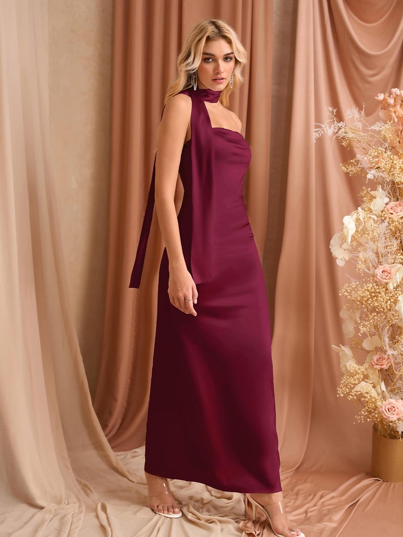 EYNMIN Women's Tube Maxi Dress with Scarf Satin Strapless Elegant Long Formal Wedding Guest Dresses Wine - Image 4