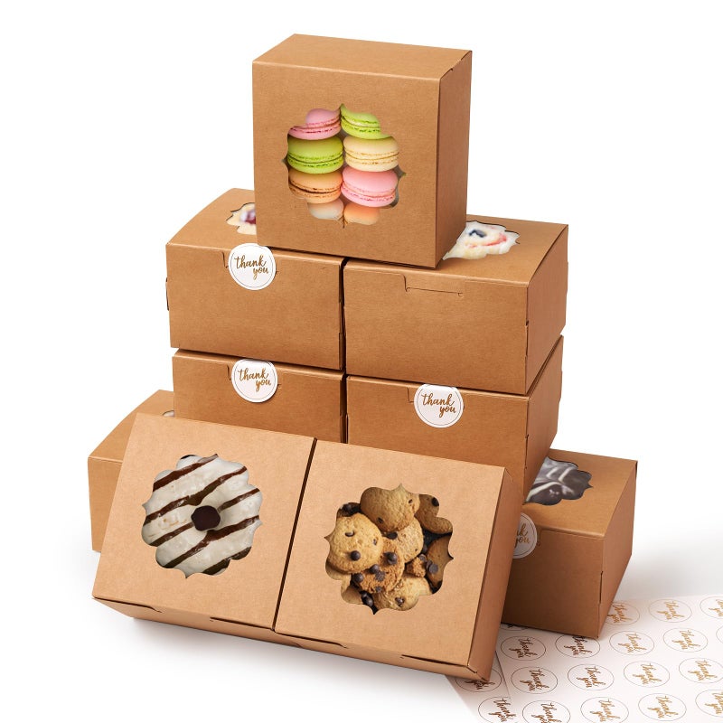 Shallive 4-Inch Small Cookie Boxes 50 Pcs Brown - Bakery Treat Boxes with Window for Gifting, To-go Containers Paper for Cake Slice, Macarons, Donuts 4x4x2.5 - Image 1