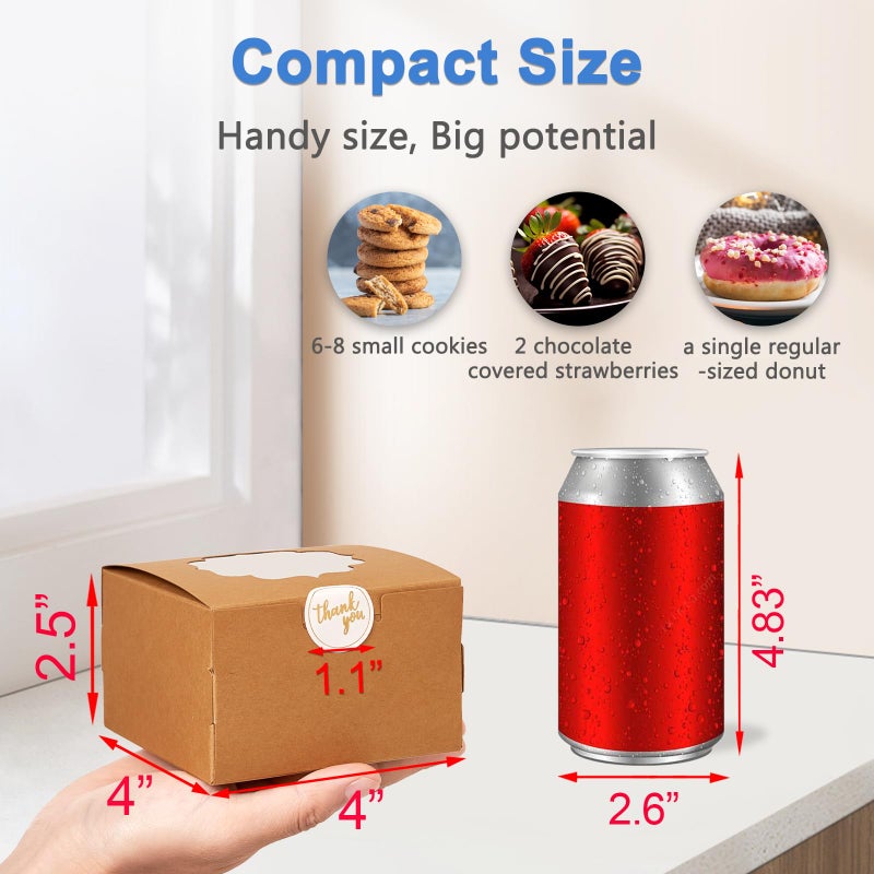 Shallive 4-Inch Small Cookie Boxes 50 Pcs Brown - Bakery Treat Boxes with Window for Gifting, To-go Containers Paper for Cake Slice, Macarons, Donuts 4x4x2.5 - Image 3