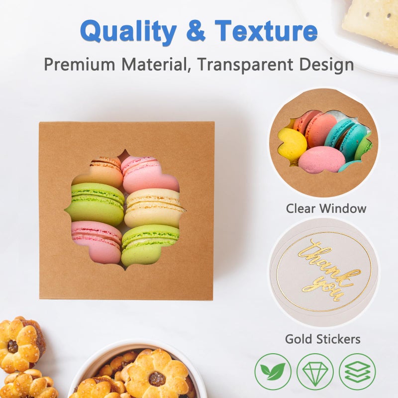 Shallive 4-Inch Small Cookie Boxes 50 Pcs Brown - Bakery Treat Boxes with Window for Gifting, To-go Containers Paper for Cake Slice, Macarons, Donuts 4x4x2.5 - Image 4