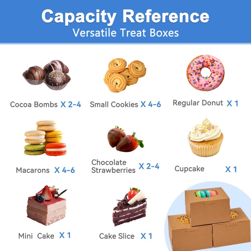 Shallive 4-Inch Small Cookie Boxes 50 Pcs Brown - Bakery Treat Boxes with Window for Gifting, To-go Containers Paper for Cake Slice, Macarons, Donuts 4x4x2.5 - Image 5