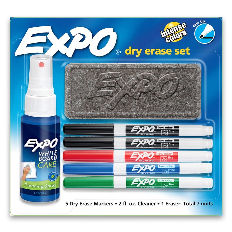 EXPO Low Odor Dry Erase Marker Set with White Board Eraser and Cleaner, Fine Tip Dry Erase Markers, Assorted Colors, 7 Piece Set with Whiteboard Cleaner - Image 1