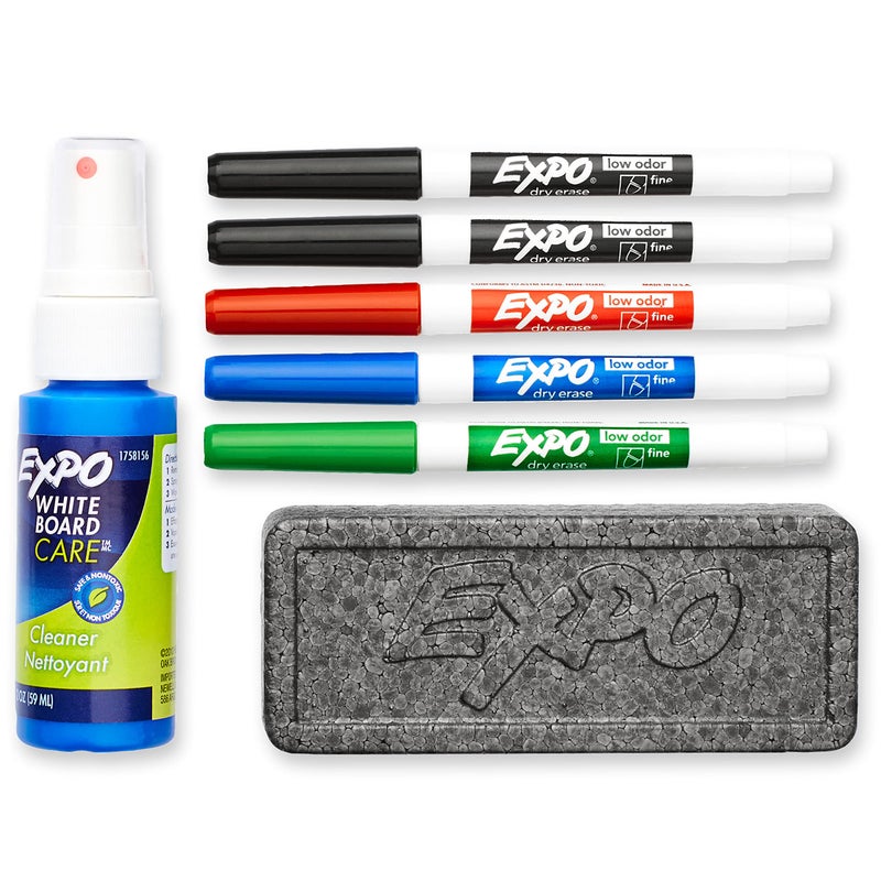 EXPO Low Odor Dry Erase Marker Set with White Board Eraser and Cleaner, Fine Tip Dry Erase Markers, Assorted Colors, 7 Piece Set with Whiteboard Cleaner - Image 3