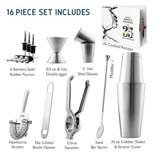 EATEX Bar Set Cocktail Shaker Set, Stainless Steel Mixology Bartender Kit, 16 Piece Cocktail Kit, Silver Cocktail Set, Bar Tools: 30oz Martini Shaker, Muddler, Bar Kit Cocktail Book, Jigger and Pourers - Image 2