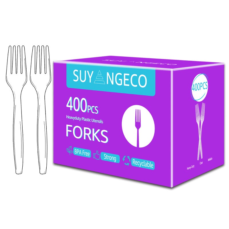 [400 Count] Heavy Duty Clear Plastic Forks Disposable Plastic Fork Bulk Utensils Reusable Cutlery Set Thick Plasticware Silverware for Party Every Day Use Picnic Camping Wedding Barbecues