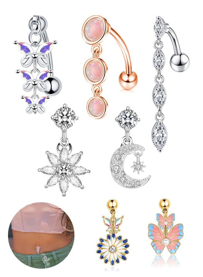 7pcs Silver Belly Button Set, Stainless Steel butterfly Fashion Rhinestone studded Belly Ring, Piercing Button for Women holiday&dating & party & wedding - Image 1
