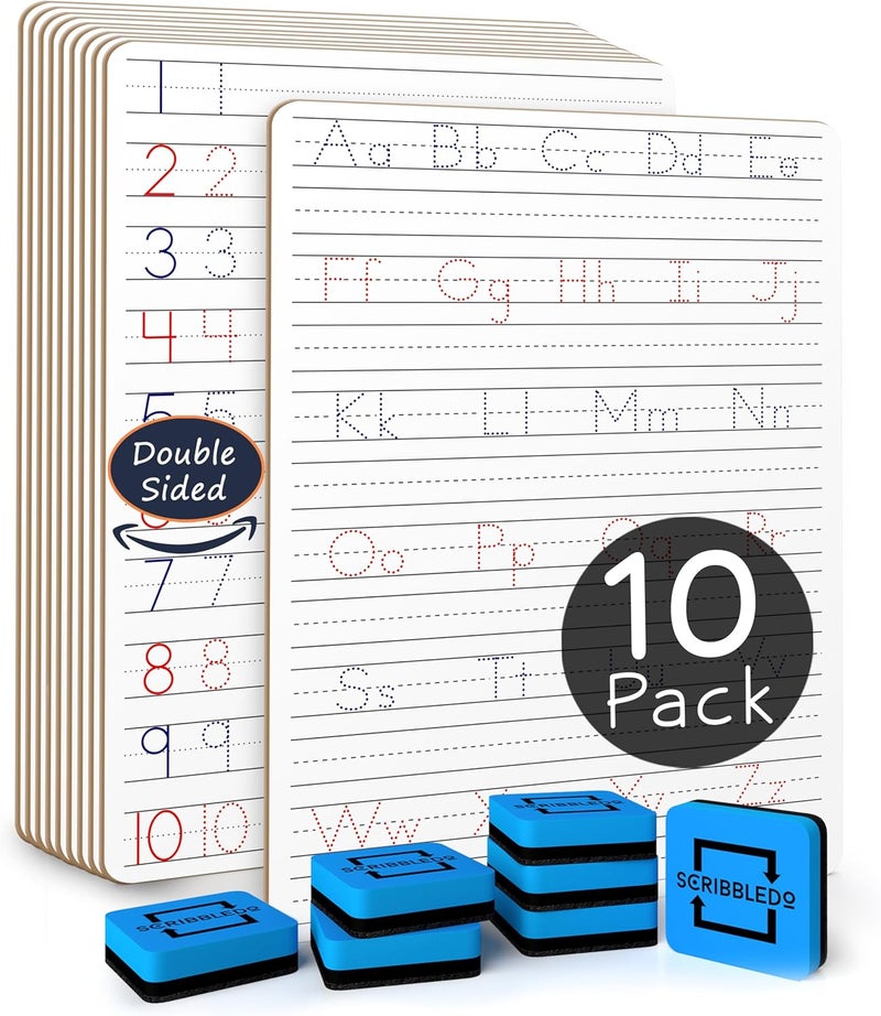 Scribbledo 10 Pack Dry Erase Handwriting Practice for Kids 9 x 12 Inch Letter Alphabet Tracing Board Whiteboard for Kids Ages 3-5 Write and Wipe Alphabet Practice Cards Letters & Erasers - Image 1
