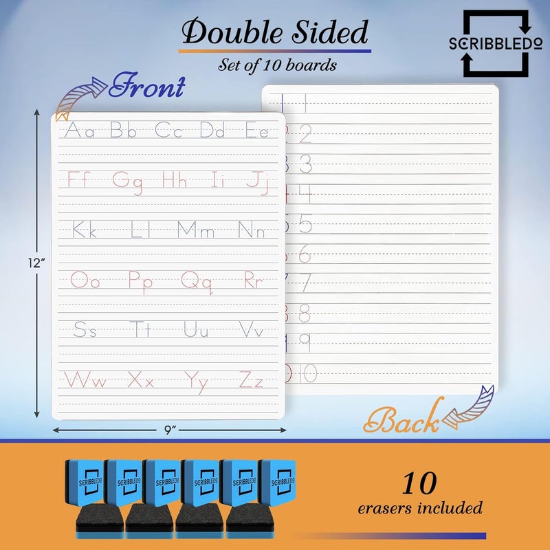 Scribbledo 10 Pack Dry Erase Handwriting Practice for Kids 9 x 12 Inch Letter Alphabet Tracing Board Whiteboard for Kids Ages 3-5 Write and Wipe Alphabet Practice Cards Letters & Erasers - Image 2