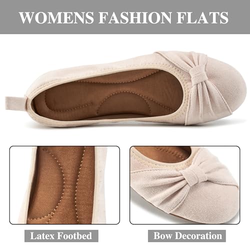 Ecetana Womens Flats Shoes Dressy: Round Toe Bowknot Suede Foldable Comfortable Casual Slip On Ballet Loafers Beige - Image 3