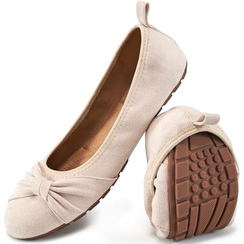 Ecetana Womens Flats Shoes Dressy: Round Toe Bowknot Suede Foldable Comfortable Casual Slip On Ballet Loafers Beige - Image 1