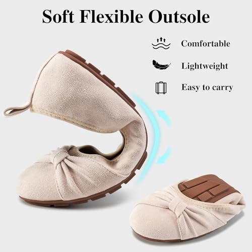 Ecetana Womens Flats Shoes Dressy: Round Toe Bowknot Suede Foldable Comfortable Casual Slip On Ballet Loafers Beige - Image 4