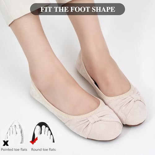 Ecetana Womens Flats Shoes Dressy: Round Toe Bowknot Suede Foldable Comfortable Casual Slip On Ballet Loafers Beige - Image 5