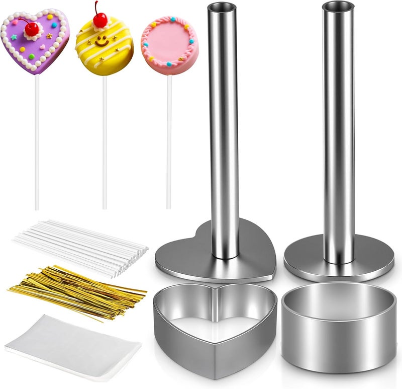 Beesini Cake Pop Mold Kit, 2 Pack Cake Pop Cutter and Pusher with 50pcs Cake Pop Sticks, 50pcs Cake Pop Bags, 50pcs Twist Ties, Cake Pop Maker for Cakepops, Lollipop, Candies, Chocolates and Cookies - Image 1