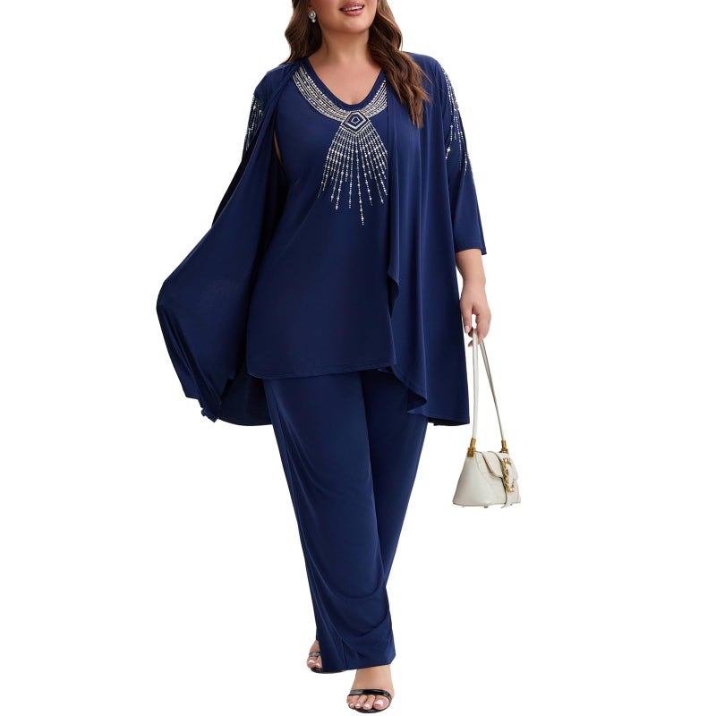WTJIAPAI Womens Plus Size Mother of Bride Pant Suits 3 Piece Elegant Soft Knit Embroidered Sequin for Wedding Guest Cocktail Party - Image 1