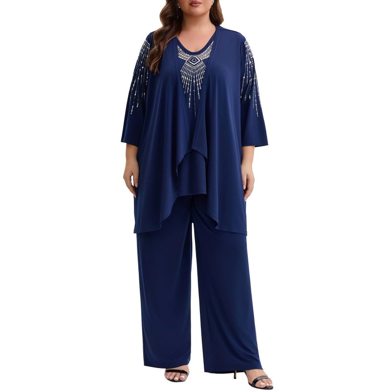 WTJIAPAI Womens Plus Size Mother of Bride Pant Suits 3 Piece Elegant Soft Knit Embroidered Sequin for Wedding Guest Cocktail Party - Image 3