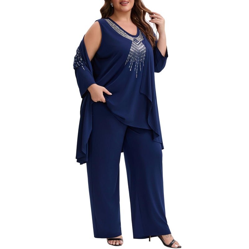 WTJIAPAI Womens Plus Size Mother of Bride Pant Suits 3 Piece Elegant Soft Knit Embroidered Sequin for Wedding Guest Cocktail Party - Image 5