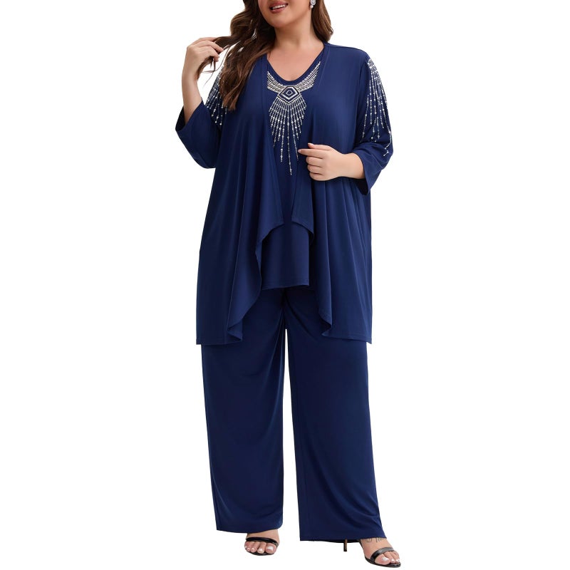 WTJIAPAI Womens Plus Size Mother of Bride Pant Suits 3 Piece Elegant Soft Knit Embroidered Sequin for Wedding Guest Cocktail Party - Image 2