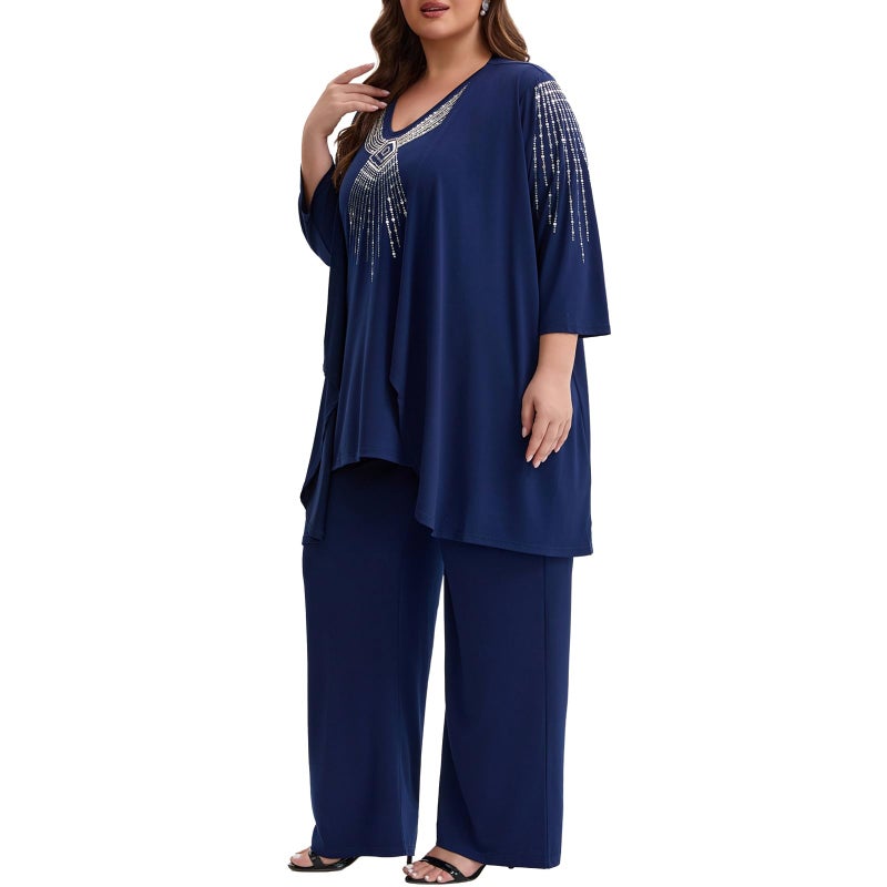 WTJIAPAI Womens Plus Size Mother of Bride Pant Suits 3 Piece Elegant Soft Knit Embroidered Sequin for Wedding Guest Cocktail Party - Image 4