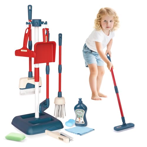 Jenilily Toddler Toys Cleaning Set, Kids Cleaning Toy Stand Set, Pretend Play Home Cleaning Tools Toys Playset，Broom, Dustpan, Mop, Duster - Image 1
