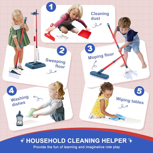 Jenilily Toddler Toys Cleaning Set, Kids Cleaning Toy Stand Set, Pretend Play Home Cleaning Tools Toys Playset，Broom, Dustpan, Mop, Duster - Image 2