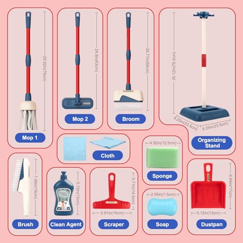 Jenilily Toddler Toys Cleaning Set, Kids Cleaning Toy Stand Set, Pretend Play Home Cleaning Tools Toys Playset，Broom, Dustpan, Mop, Duster - Image 3