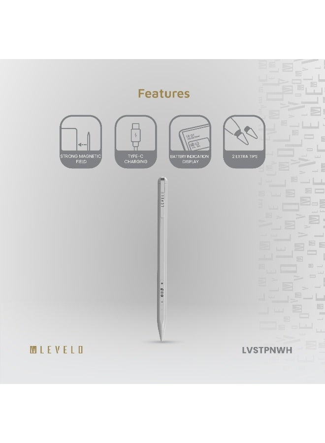 LEVELO Skywrite Versa Stylus Pen for iPad with Battery Indicator Display / Running App / Camera Shutter / Rechargeable - Matte White - Image 4