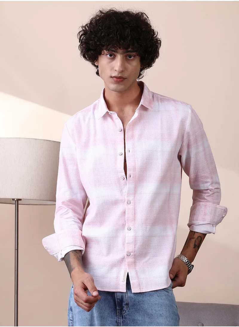 Campus Sutra Campus Sutra Men's Rose Pink & Daisy White Velobrush-Tactile Shirt For Casual Wear | Spread Collar | Long Cuffed Sleeves | Button Closure | Shirt Crafted With Comfort Fit For Everyday Wear